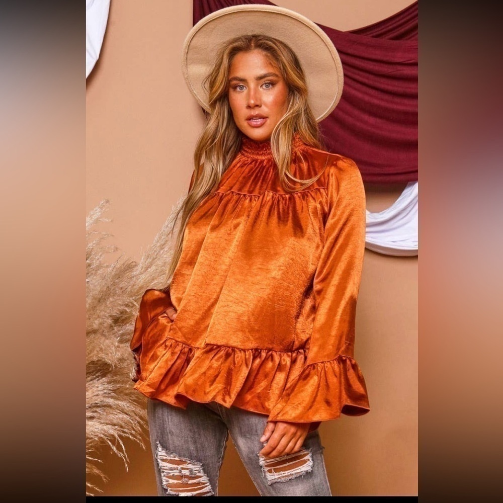 Women’s Oversized Long Belle Sleeve Metallic Burnt Orange Satin Mock Neck Blouse